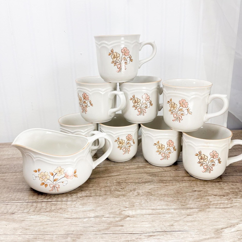 Vintage Cordella Burnet Stoneware Mug Set: Stoneware Creamer and Cups